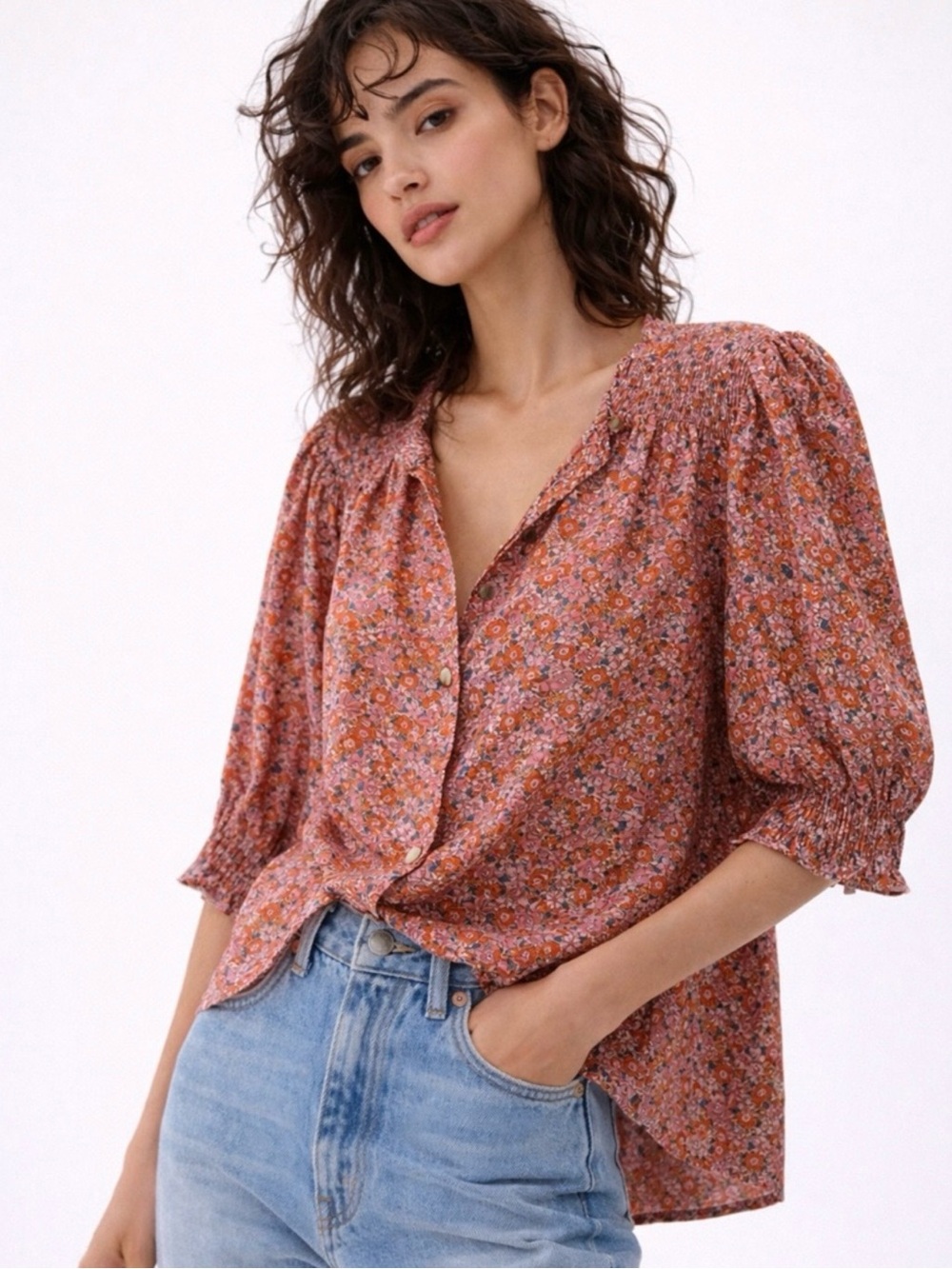 Sanctuary Ditsy Floral Button-Front Blouse - Rust